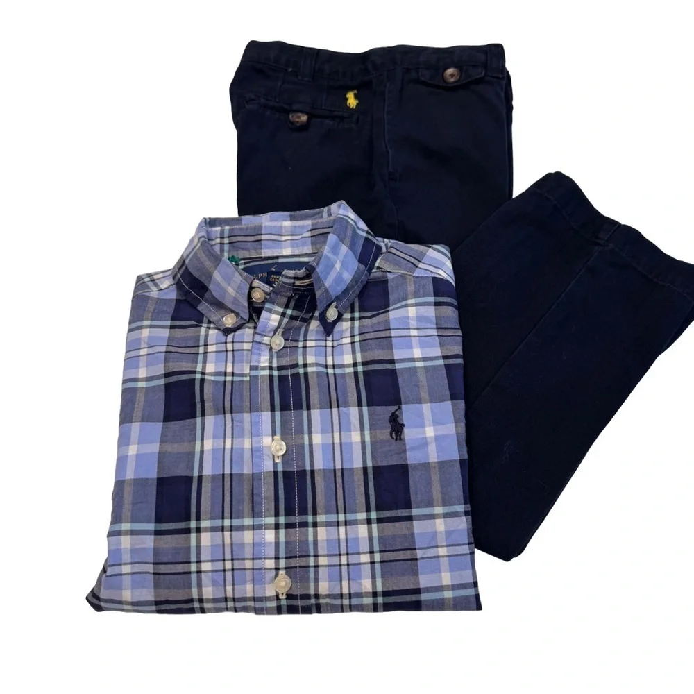 Ralph Lauren Boys 2 Pcs Set Navy Chinos & Blue Button Down Plaid Shirt Size 5